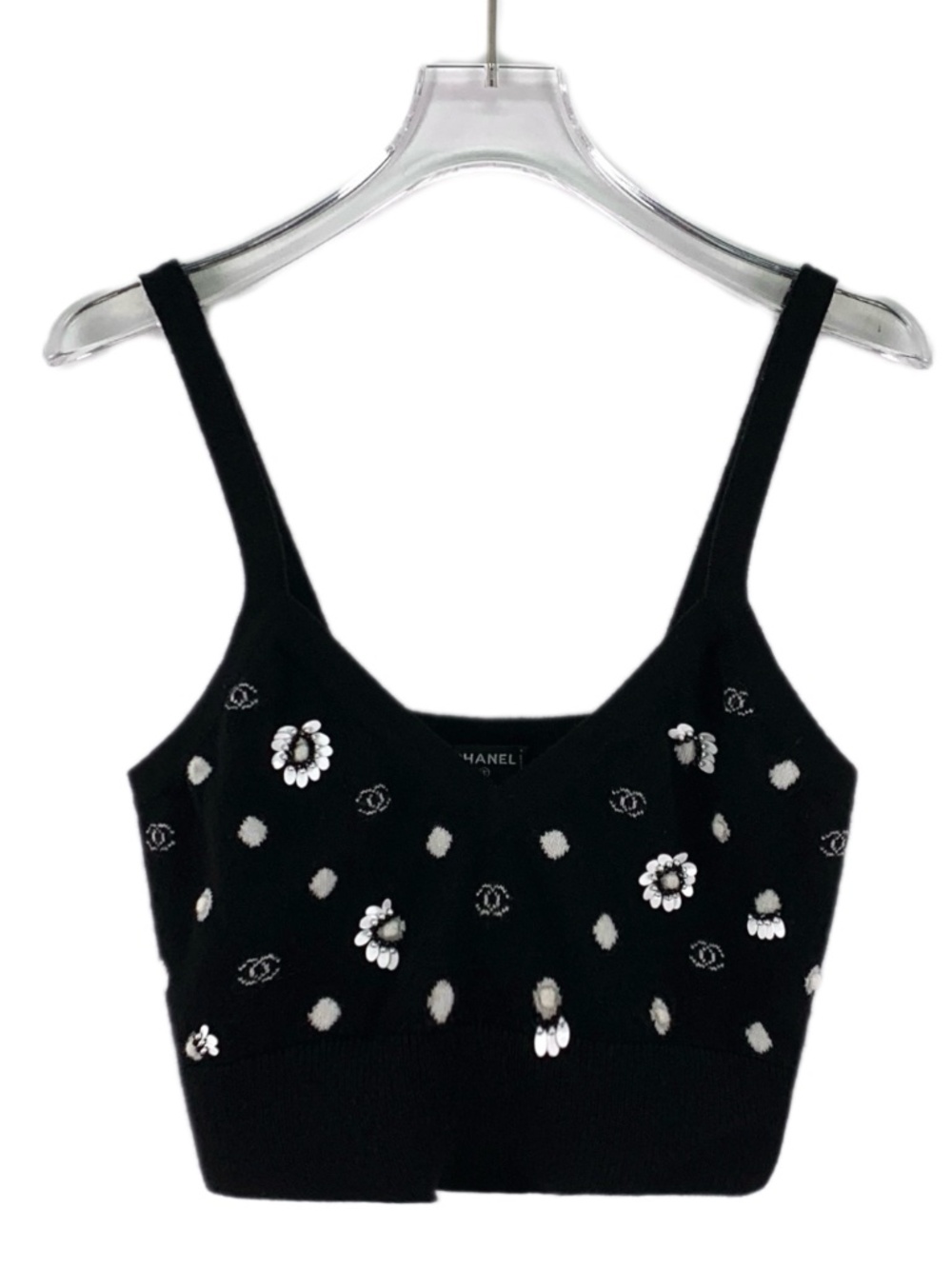 Chanel Black Camellia Sequin-Embellished Cashmere Spaghetti-Strap Knit Tank Top
